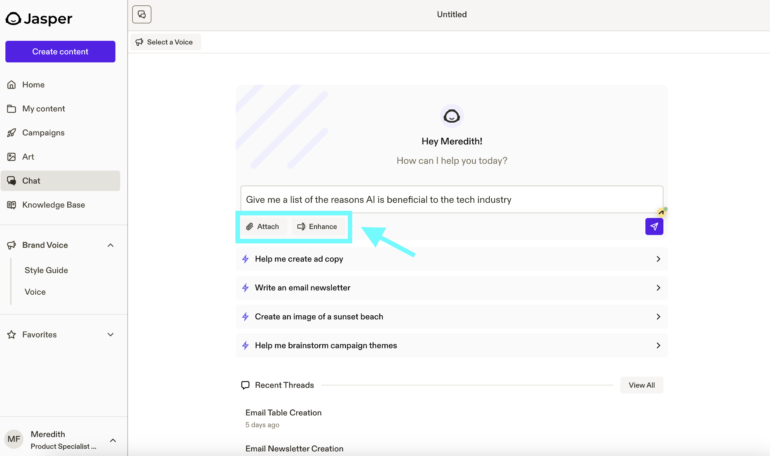 Jasper chat interface generating marketing content ideas using AI suggestions.